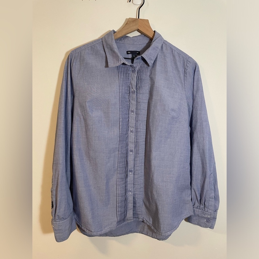 GAP Fitted Boyfriend Stripes Ruffle Long Sleeve Button Up Shirt Blue Sz Medium